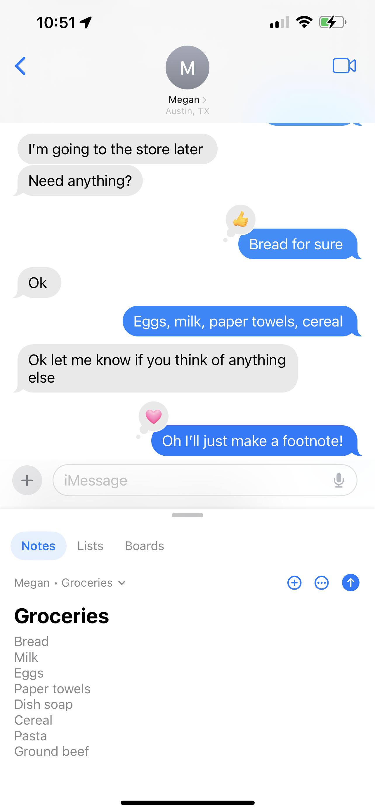 Footnote app showing shared grocery list in iMessage